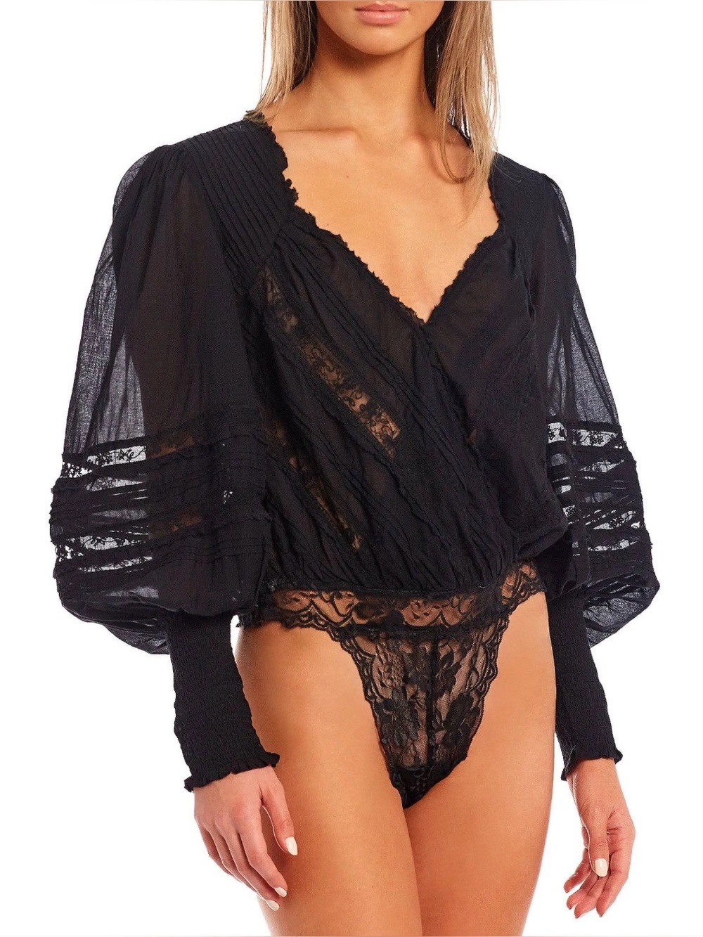 Free People The Eloise Smocked bodysuit in black size large